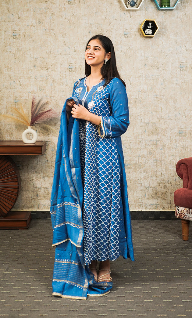 Women's Lakhnavi Handcrafted Mul Chanderi Chikankari Stitched Kurta, Dupatta And Pant Set - HONC0321828
