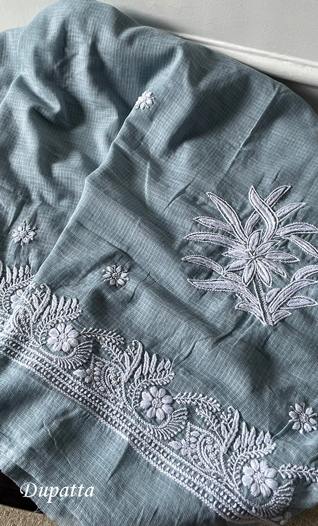 Women's Lucknowi Handcrafted Kota Cotton Chikankari Unstitched Kurta And Dupatta Set - HONC0312637