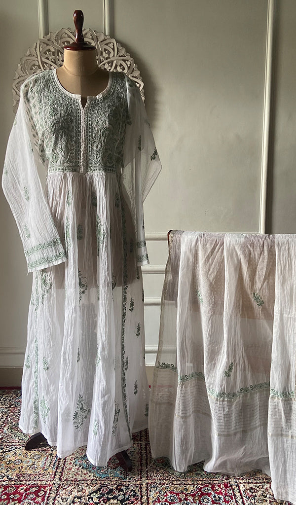 Women's Lakhnavi Handcrafted Mul Chanderi Semi - Stitchd Kurta And Dupatta Set - HONC0274485