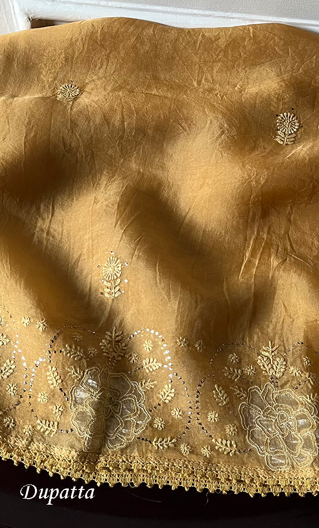 Mainaaj Women's Lakhnavi Handcrafted Pure Organza Chikankari Unstitched Kurta And Dupatta Set - HONC0330933