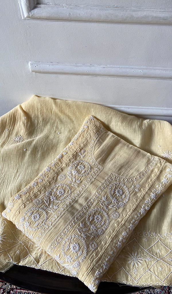 Women's Lakhnavi Handcrafted Mul Chanderi Semi - stitched Chikankari Full Suit Material - HONC0360094