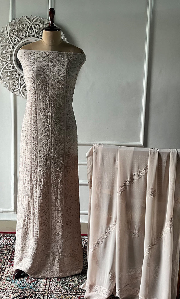 Women's Lucknowi Handcrafted Viscose Georgette Unstitched Chikankari Suit Material - HONC0325149