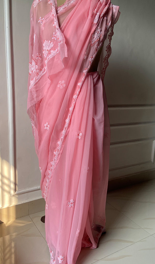 Women's Lakhnavi Handcrafted Faux-Georgette Chikankari Saree - HONC0223901