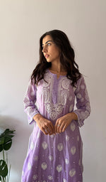 Load image into Gallery viewer, Women's Lucknowi Handcrafted Mul Chanderi Stitched Chikankari Kurta And Plazzo Set- HONC03790590