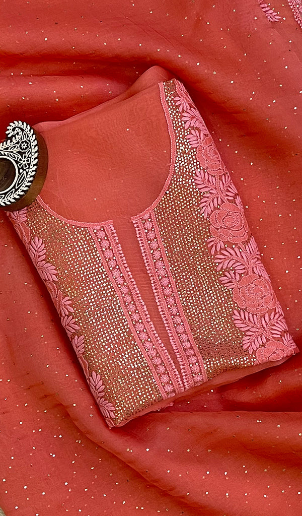Rose Women's Lakhnavi Handcrafted Pure Organza Chikankari Unstitched Kurta And Dupatta Set- HONC0147620