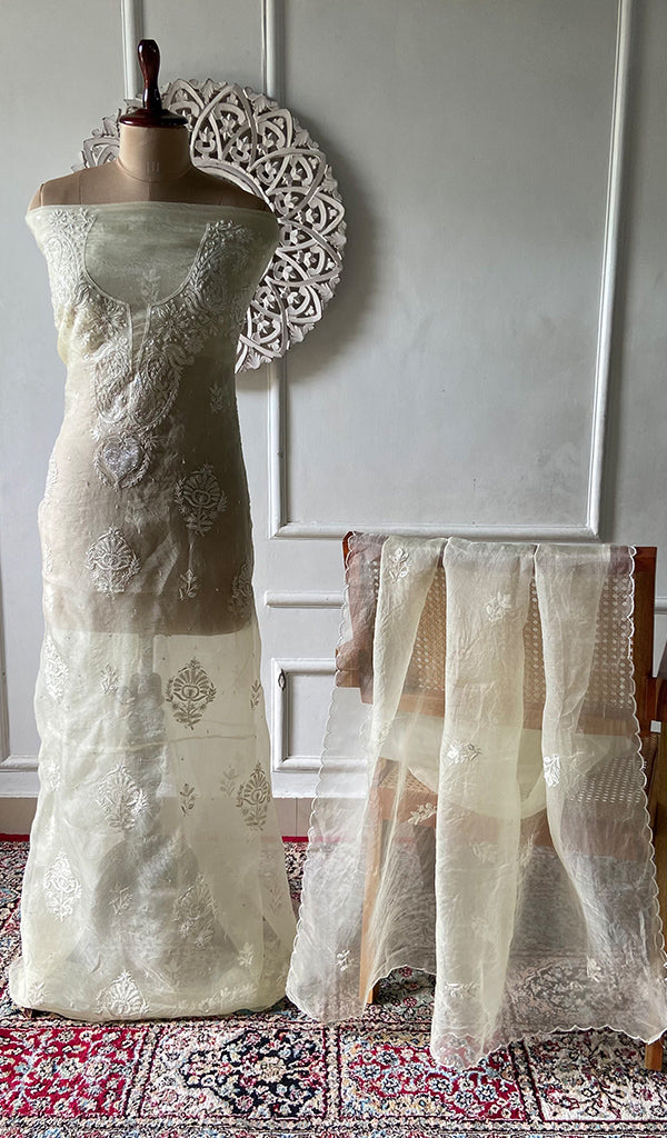 Women's Lakhnavi Handcrafted Pure Organza Chikankari Unstitched Full Suit Material - HONC0361467
