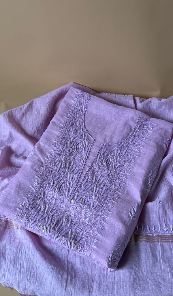 Women's Lakhnavi Handcrafted Mul Chanderi Unstitched Chikankari Full Suit Material - HONC0373757