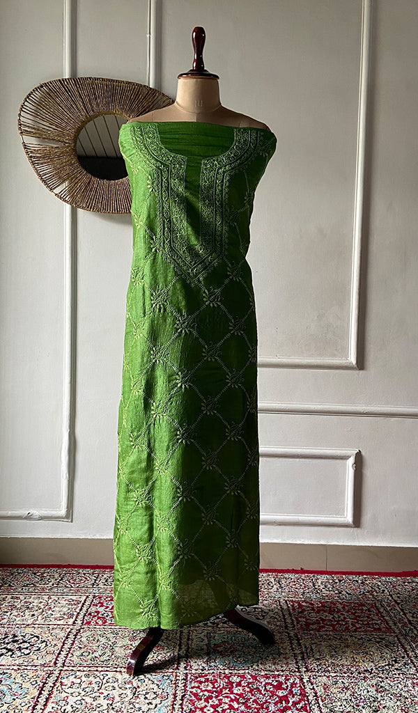 Women's Lakhnavi Handcrafted Tussar Silk Chikankari Unstitched Kurti Fabric - HONC0371822