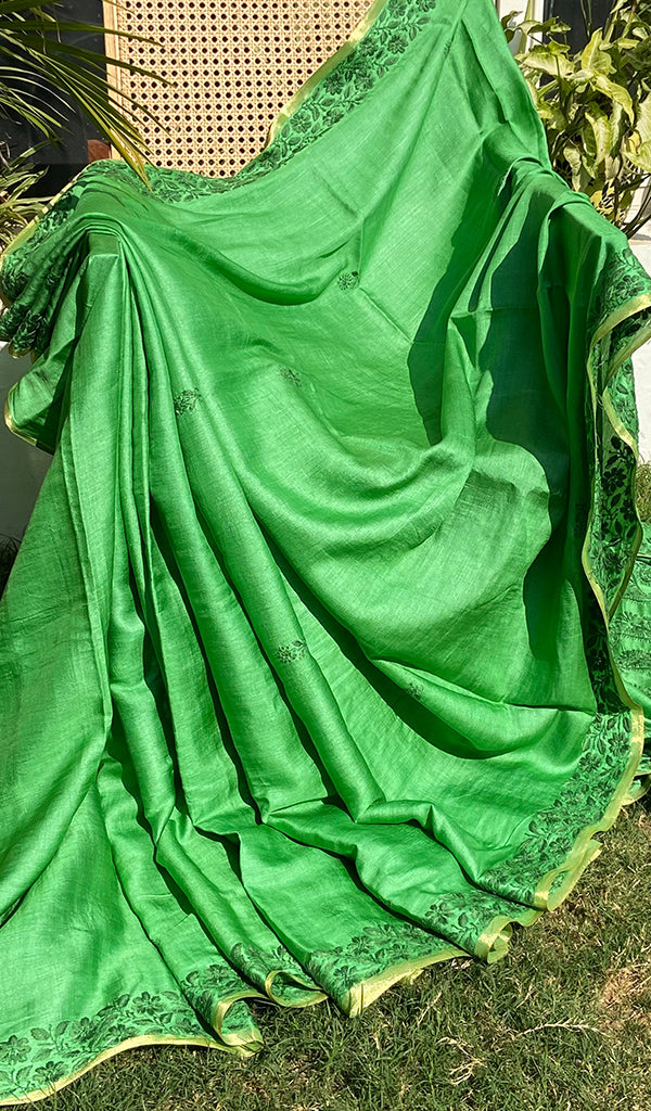 Women's Lakhnavi Handcrafted Tussar Silk Chikankari Saree - HONC0160728