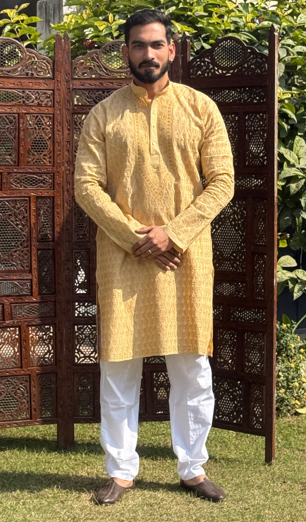 Men's Lucknowi Handcrafted Cotton Chikankari Kurta - HONC0123585