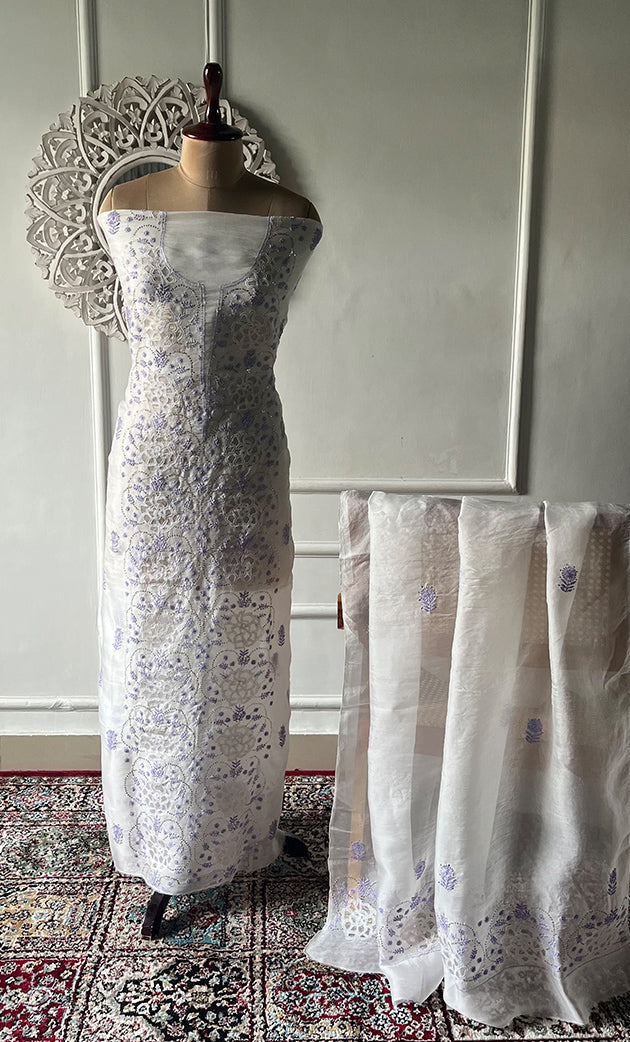 Mainaaj  Women's Lakhnavi Handcrafted Pure Organza Chikankari Unstitched Kurta And Dupatta Set- HONC0327338