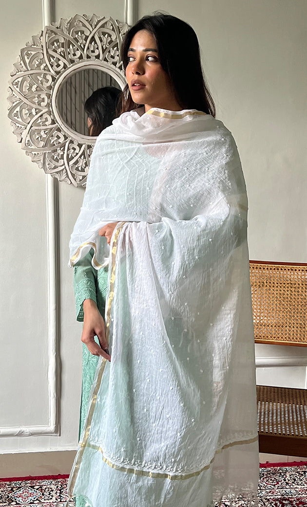 Women's Lakhnavi Handcrafted Mul Chanderi Chikankari Dupatta - HONC0324055