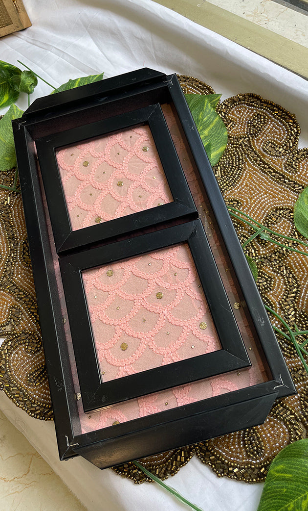 Handcrafted Chikankari Tray with Two Coasters – Wooden Frame - HONC0295544