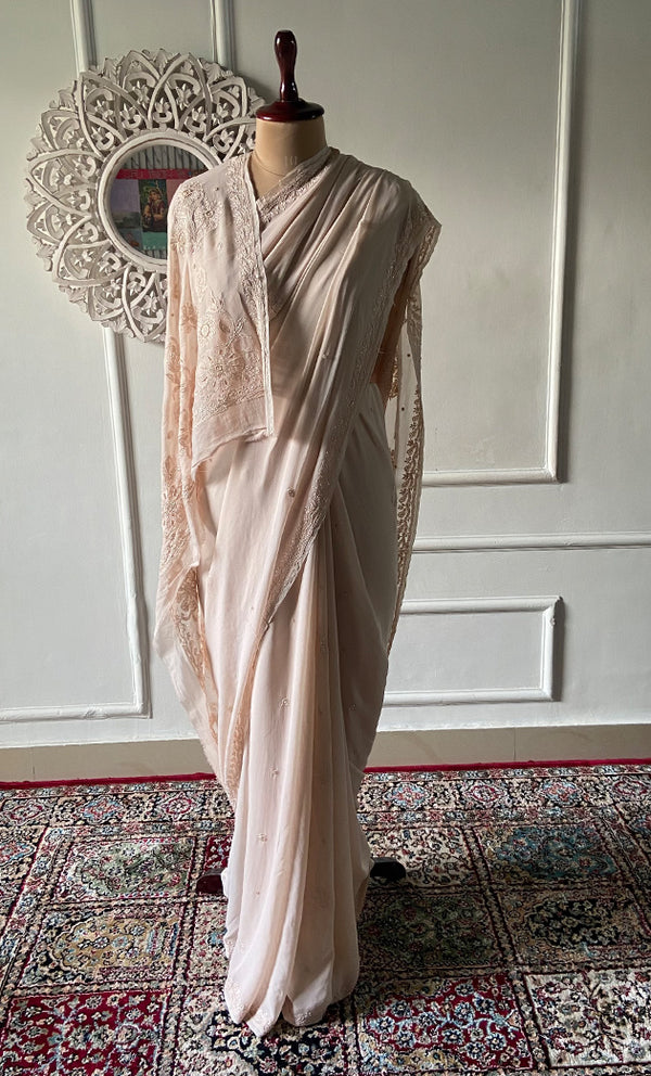 Women's Lakhnavi Handcrafted Viscose Georgette Chikankari Saree - HONC0329023