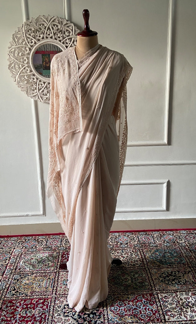 Women's Lakhnavi Handcrafted Viscose Georgette Chikankari Saree - HONC0329023