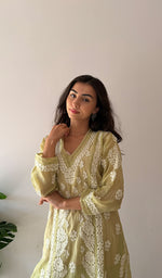 Load image into Gallery viewer, Women's Lucknowi Handcrafted Mul Chanderi Stitched Chikankari Kurta And Plazzo Set-  HONC0378818