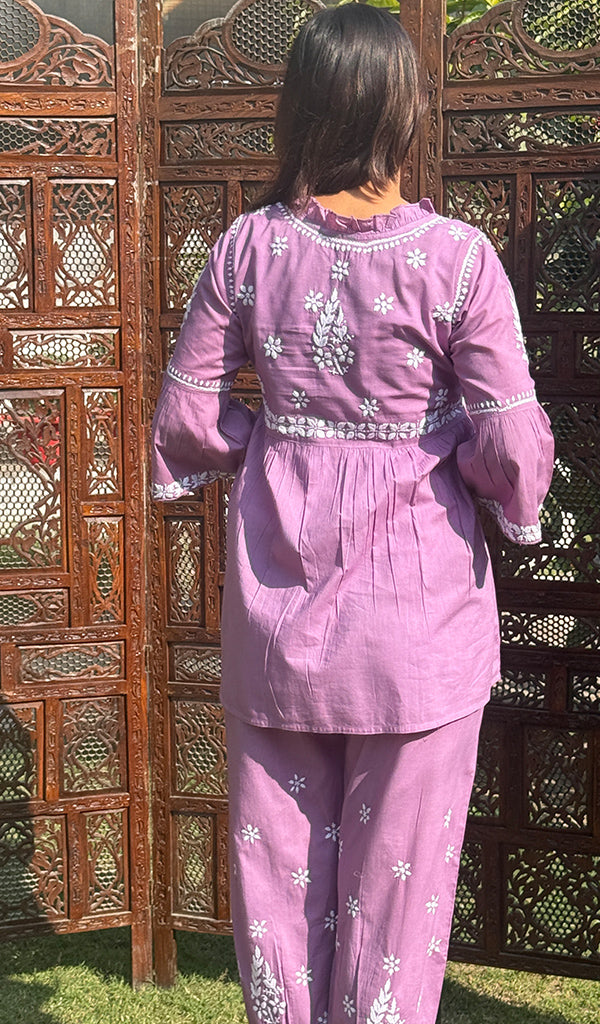 Women's Lakhnavi Handcrafted Cotton Chikankari Kurta And Afghani pant Set - HONC0268706