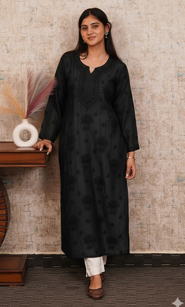 Sufi Women's Lucknowi Handcrafted Chanderi Silk Chikankari Kurti - HONC0333635