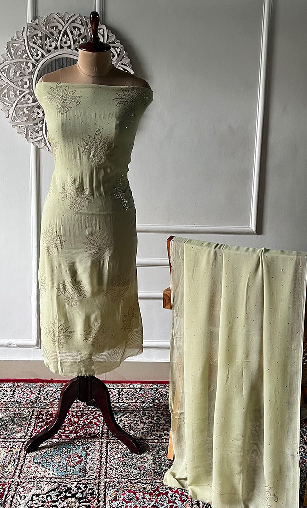 Women's Lucknowi Handcrafted Viscose Georgette Unstitched Chikankari Suit Material - HONC0336838