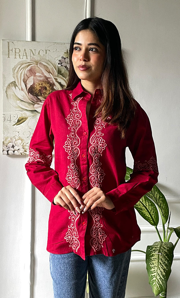 Driti Women's Lucknowi Handcrafted Slub Cotton Chikankari Shirt - HONC0299115
