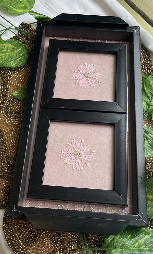 Handcrafted Chikankari Tray with Two Coasters – Wooden Frame - HONC0254755