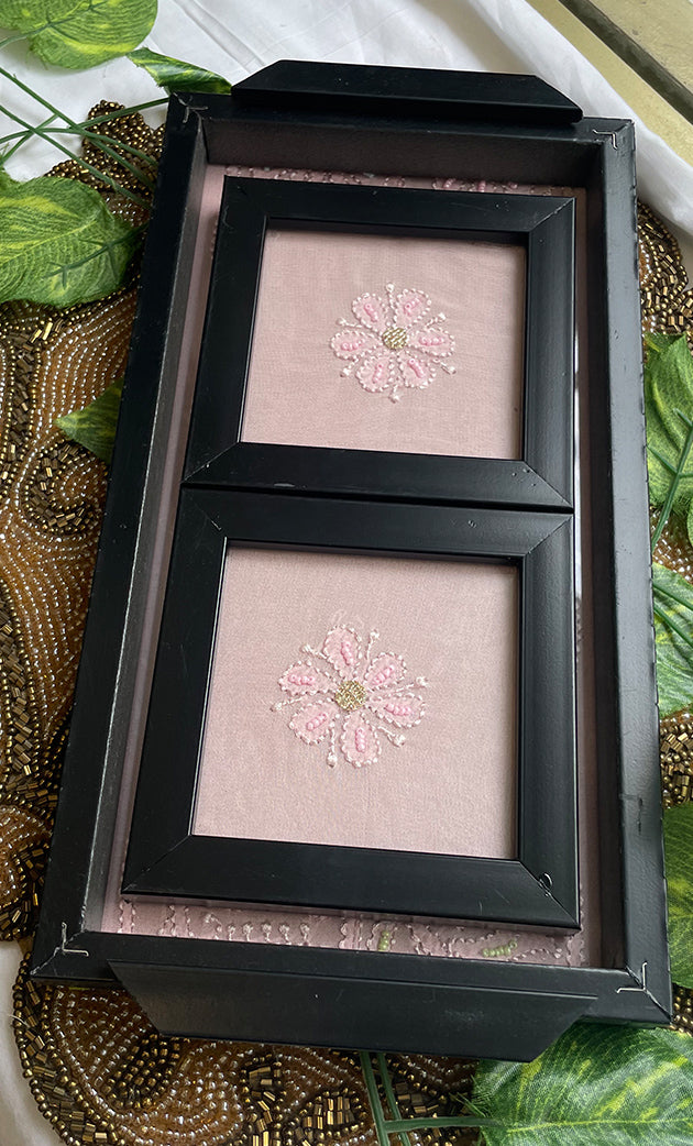 Handcrafted Chikankari Tray with Two Coasters – Wooden Frame - HONC0254755