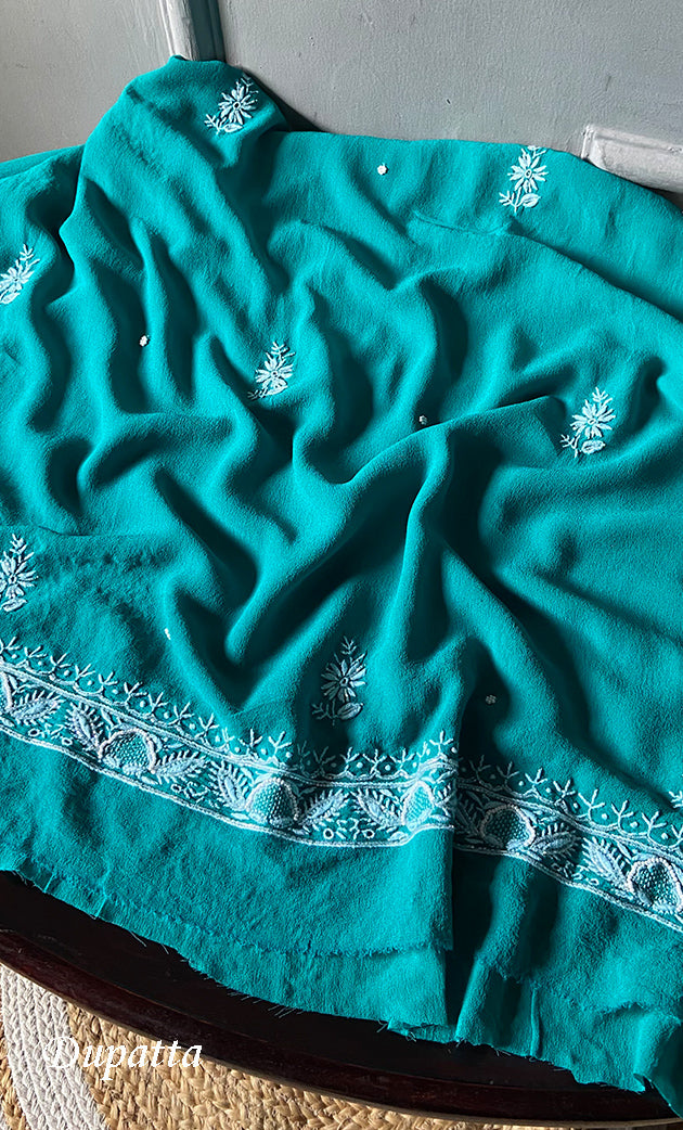 Women's Lakhnavi Handcrafted Pure Silk Georgette Chikankari Kurta And Dupatta Set- HONC0258089