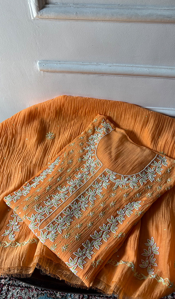 Saziya Women's Lakhnavi Handcrafted Mul Chanderi Semi - Stitched Chikankari Full Suit Material - HONC0358765