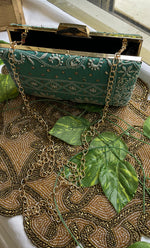 将图像加载到图库查看器中， Teal Green Chikankari Embroidered Clutch Bag - HONC0263107
