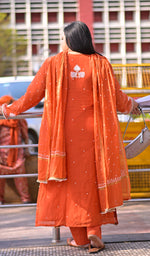 Load image into Gallery viewer, Jazba Women's Lakhnavi Handcrafted Mul Chanderi Chikankari Stitched Kurta, Dupatta And Pant Set - HONC04964656