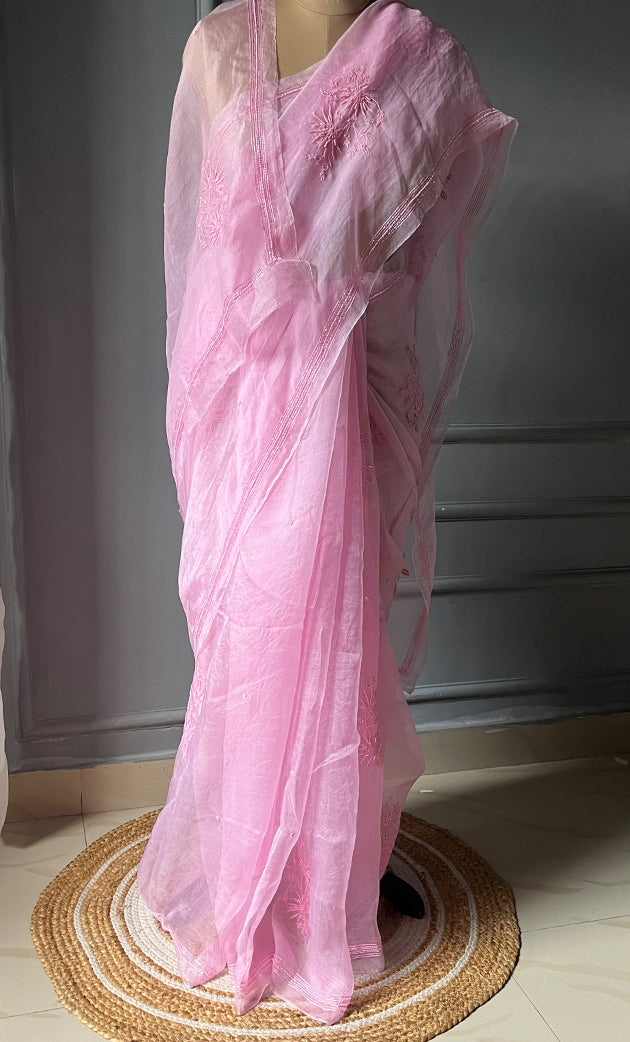 Women's Lucknowi Handcrafted Pure Organza Silk Chikankari Saree - HONC02283189