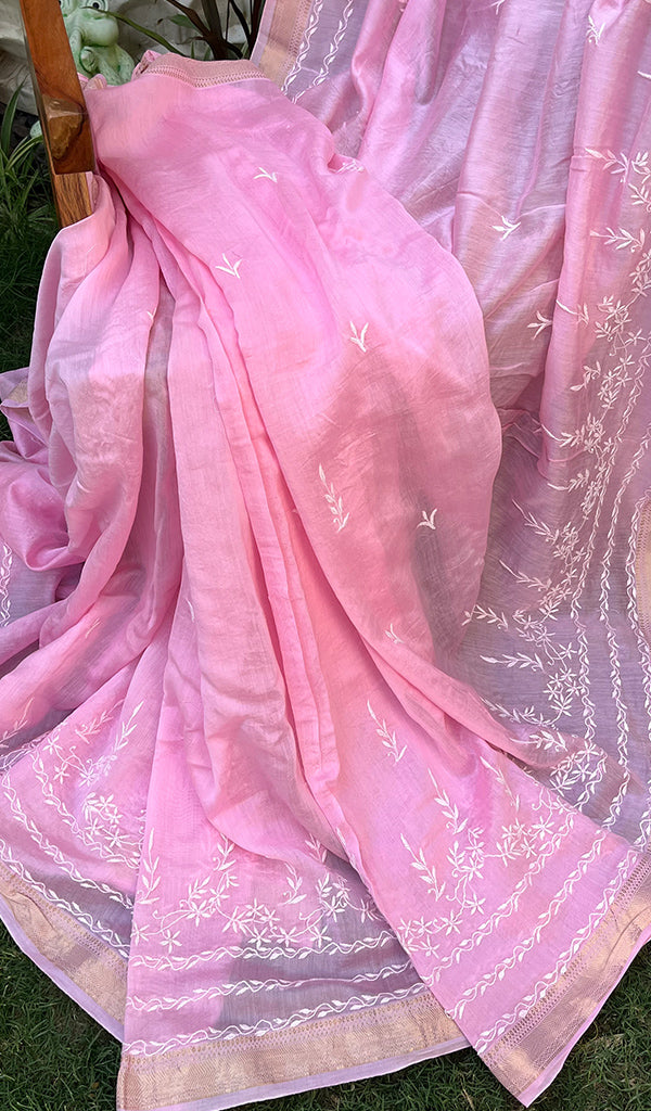 Women's Lakhnavi Handcrafted Mul Chanderi  Chikankari Saree - HONC02273491