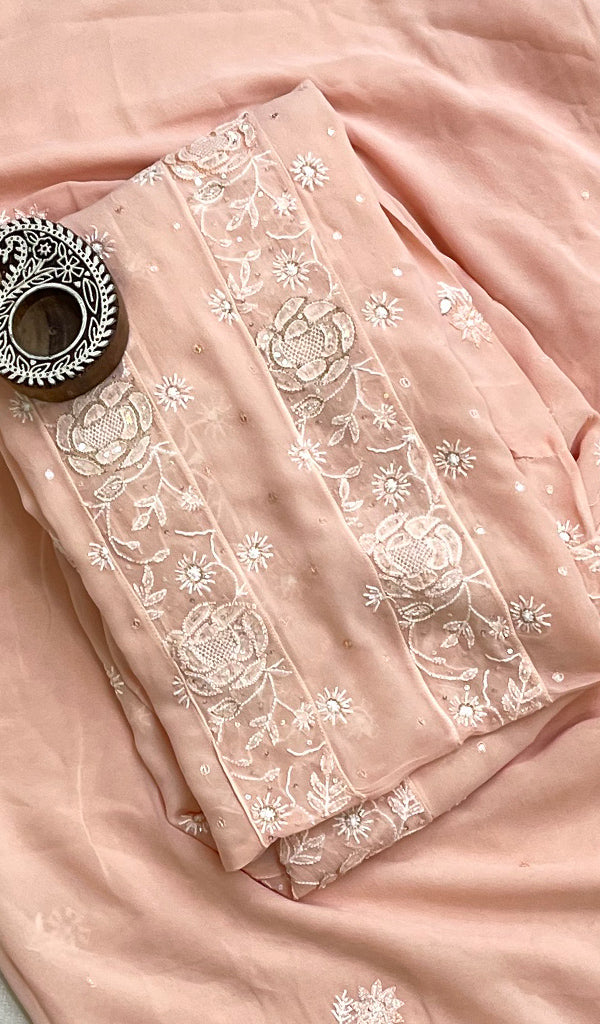 Women's Lakhnavi Handcrafted Pure Silk Georgette Chikankari Kurta And Dupatta Set - HONC0166869