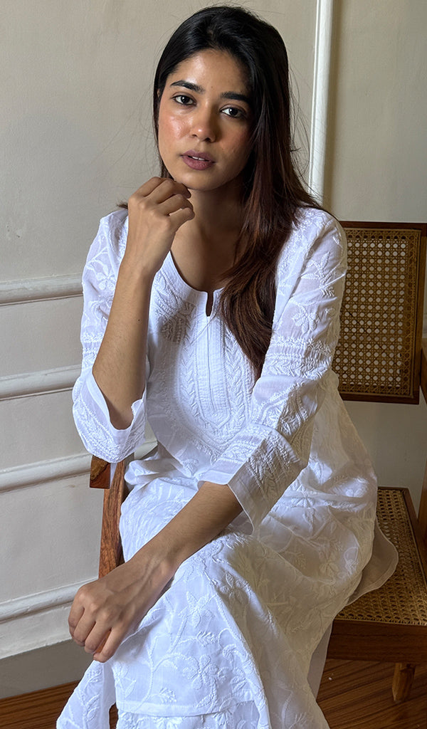 Aarvi Women's Lucknowi Handcrafted Cotton Chikankari Kurti - HONC0283430