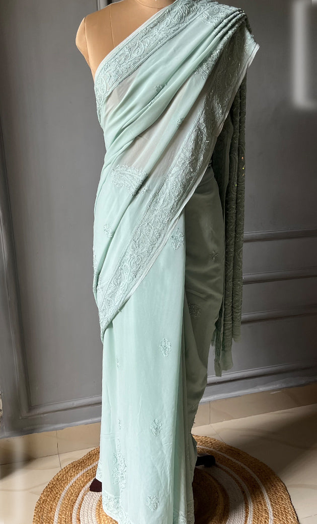 Women's Lakhnavi Handcrafted Viscose Georgette Chikankari Saree - HONC0290054