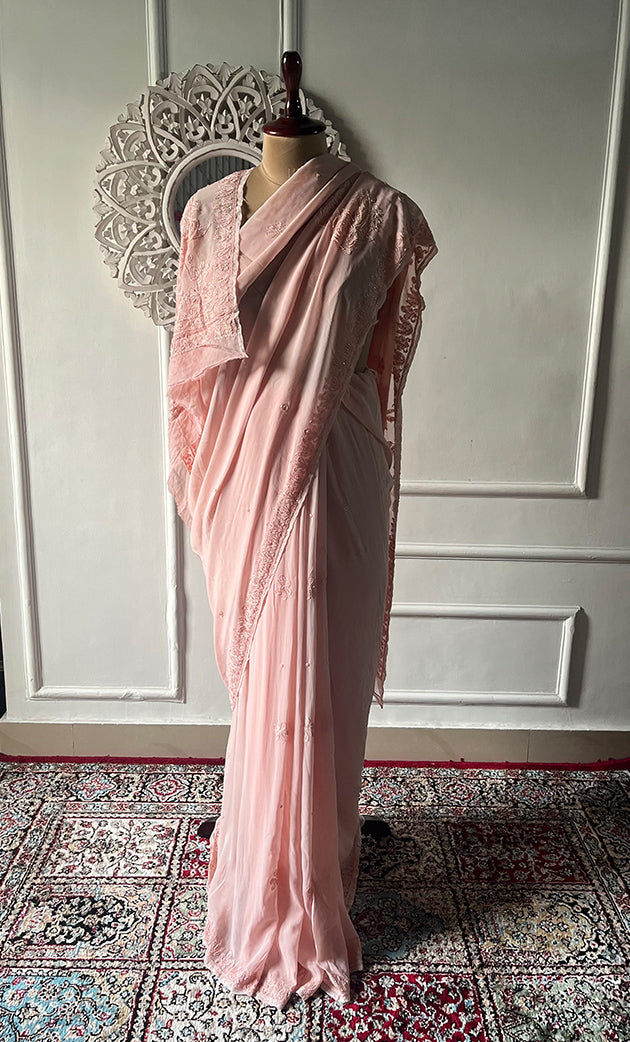 Women's Lakhnavi Handcrafted Viscose Georgette Chikankari Saree - HONC0329021