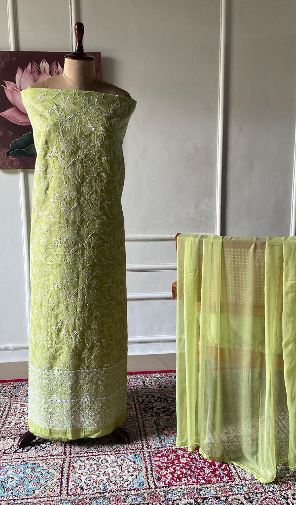 Women's Lakhnavi Handcrafted Cotton Unstitched Chikankari Suit Material - HONC0354979