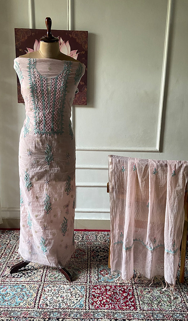 Women's Lakhnavi Handcrafted Chanderi Silk Unstitched Chikankari Full Suit - HONC0321899