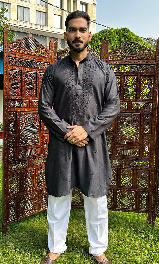Men's Lucknowi Handcrafted Cotton Chikankari Kurta - HONC0324738