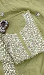 Load image into Gallery viewer, Chavi Women&#39;s Lakhnavi Handcrafted Cotton Chikankari Kurta And Dupatta Set- HONC0198622
