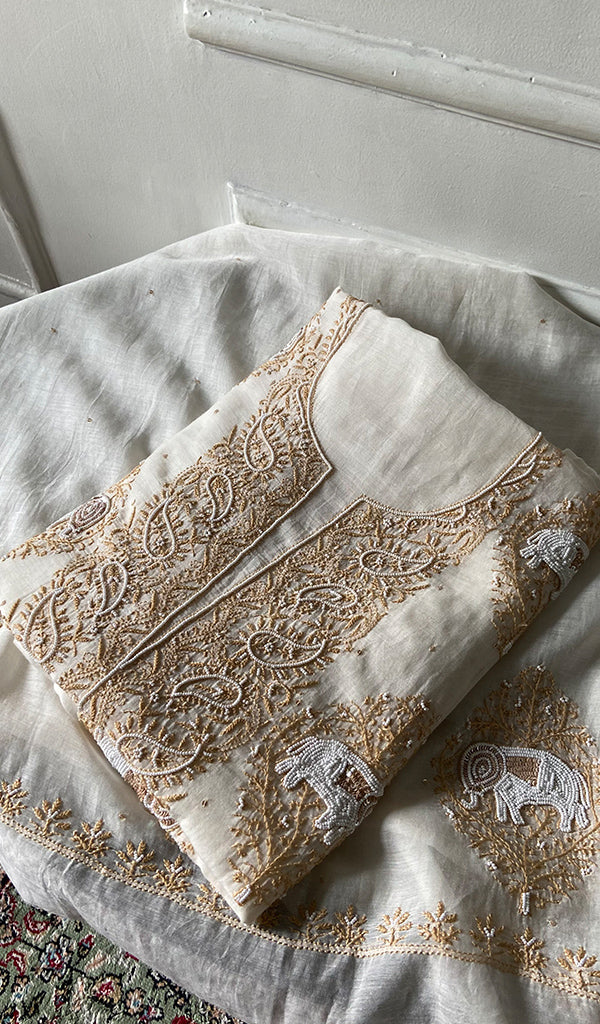 Haathi Women's Lakhnavi Handcrafted Mul Chanderi Unstitched Kurta And Dupatta Set - HONC0317803