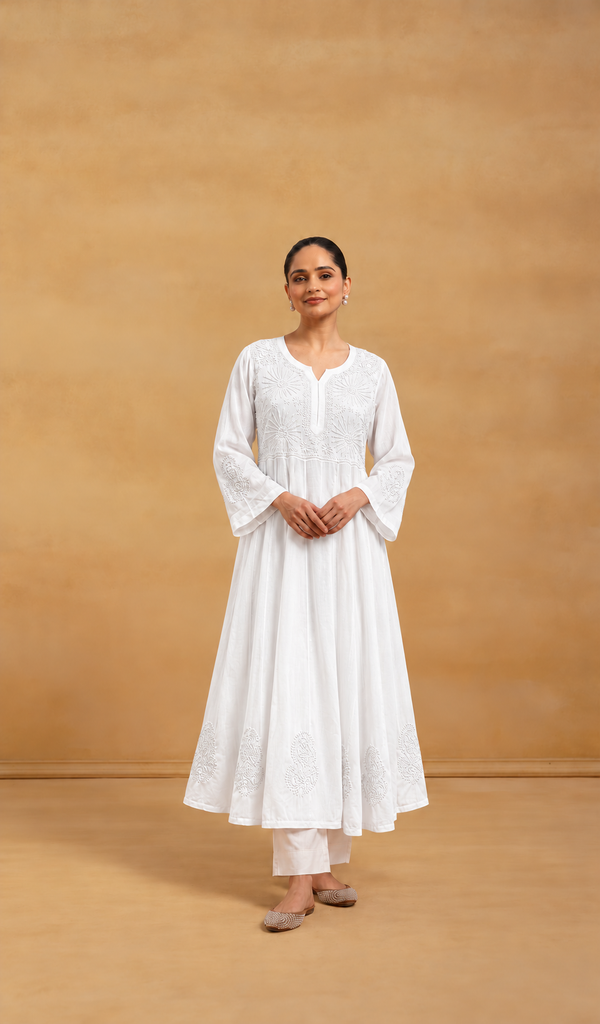Women's Lucknowi Handcrafted Mul Cotton Chikankari Anarkali Dress- HONC0151137