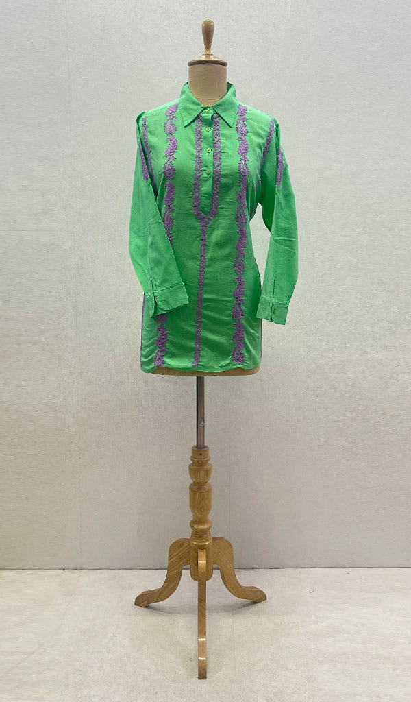 Lucknowi 手工制作的棉质 Chikankari 上衣 - HONC099122