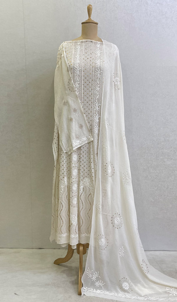 Lucknowi 手工纯丝乔其纱 Chikankari Anarkali 和 Dupatta 套装 - HONC0106396