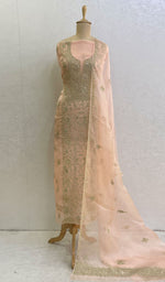 将图像加载到图库查看器中， Lucknowi 手工纯欧根纱丝绸 Chikankari Kurta Dupatta 套装 - Honc0121382
