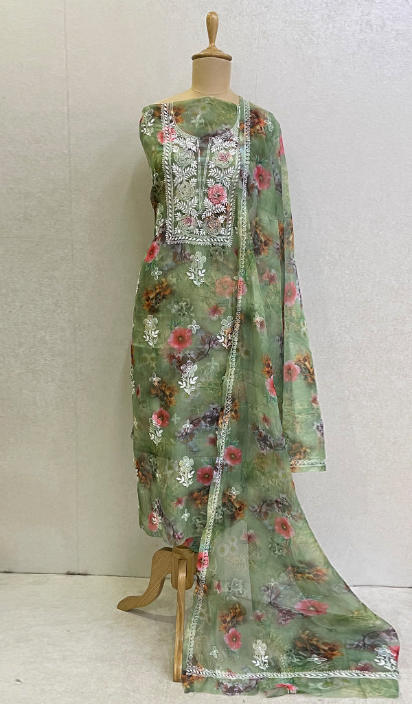 Women's Lakhnavi Handcrafted Organza Chikankari Unstitched Kurta And Dupatta Set - HONC0144735