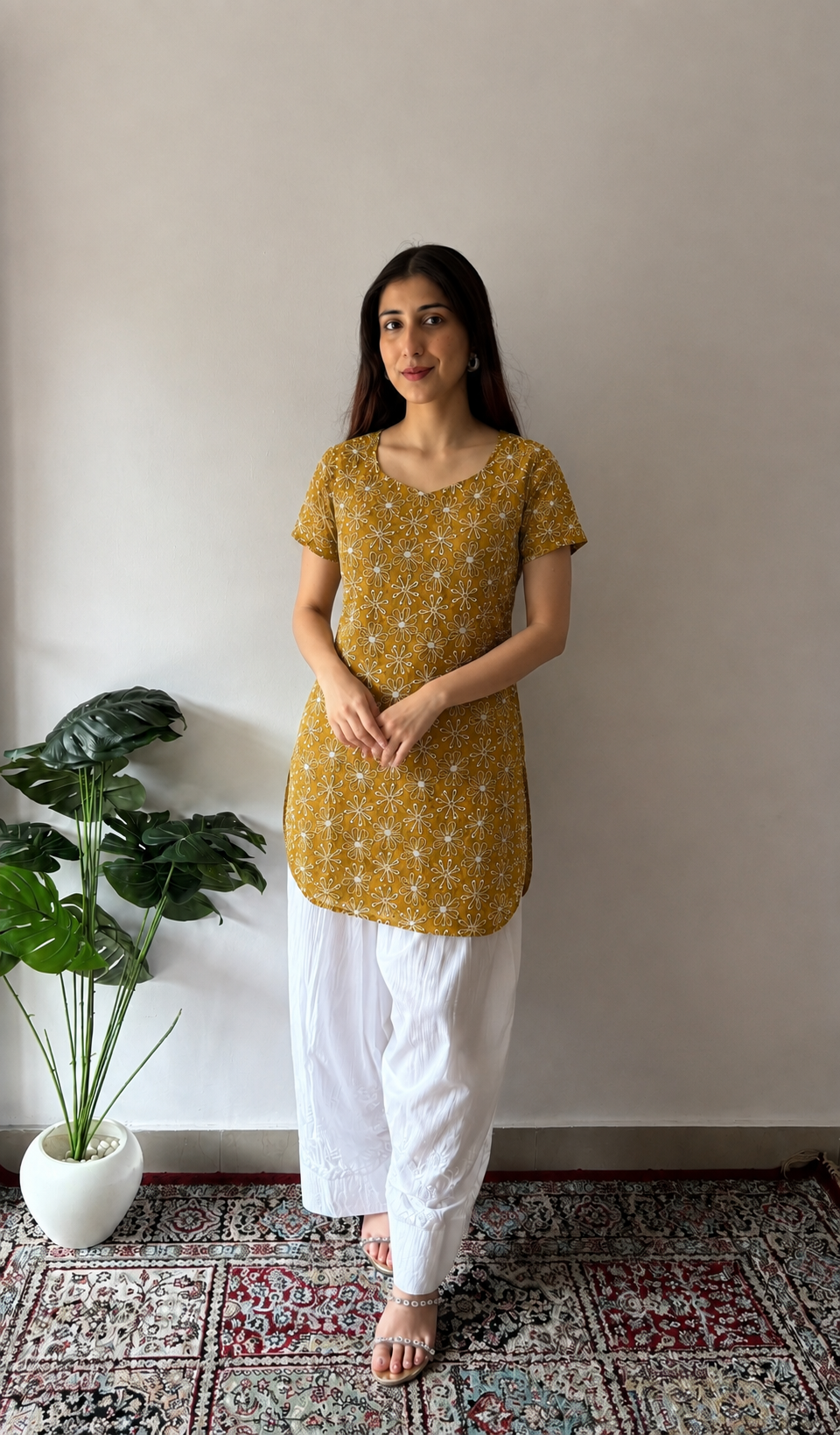 Women's Lucknowi Handcrafted Faux-Georgette Hakoba Chikankari Top- HONC0102614