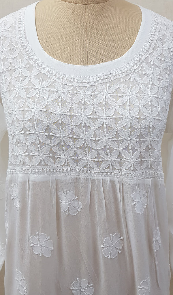 Women's Lakhnavi Handcrafted White Viscose Georgette Chikankari Dress - NC062999