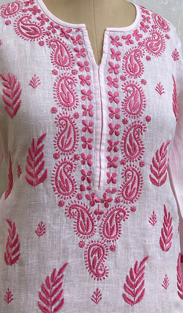 Women's Lakhnavi Handcrafted Baby Pink Linen Cotton Chikankari Kurti - NC065121