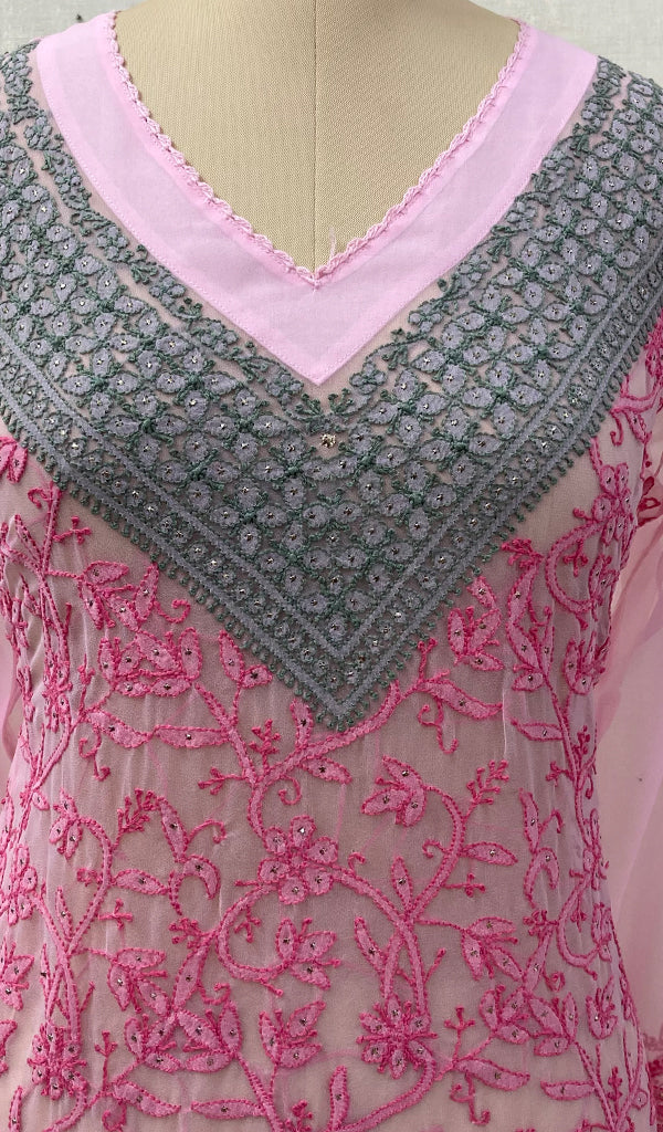 Women's Lucknowi Handcrafted Baby Pink Faux-Georgette Chikankari Kurti - NC065798